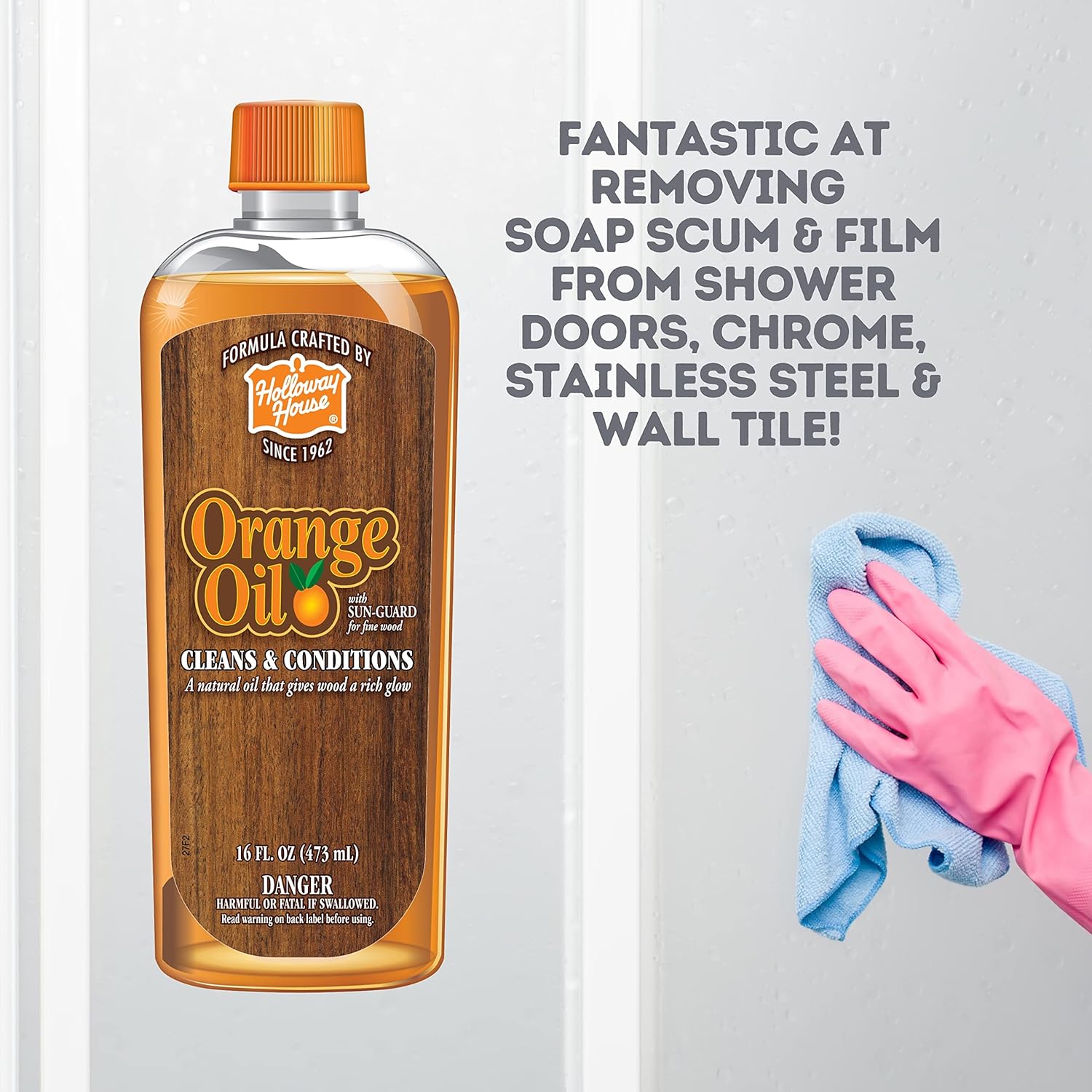 Holloway House Orange Oil Cleaner 16oz w/ Sun-Guard for Fine Wood, Cleans & Conditions, Removes Soap Scum from Shower Doors, Stainless, Tile & Sinks, Natural Oil that gives wood a Rich Glow : Health & Household