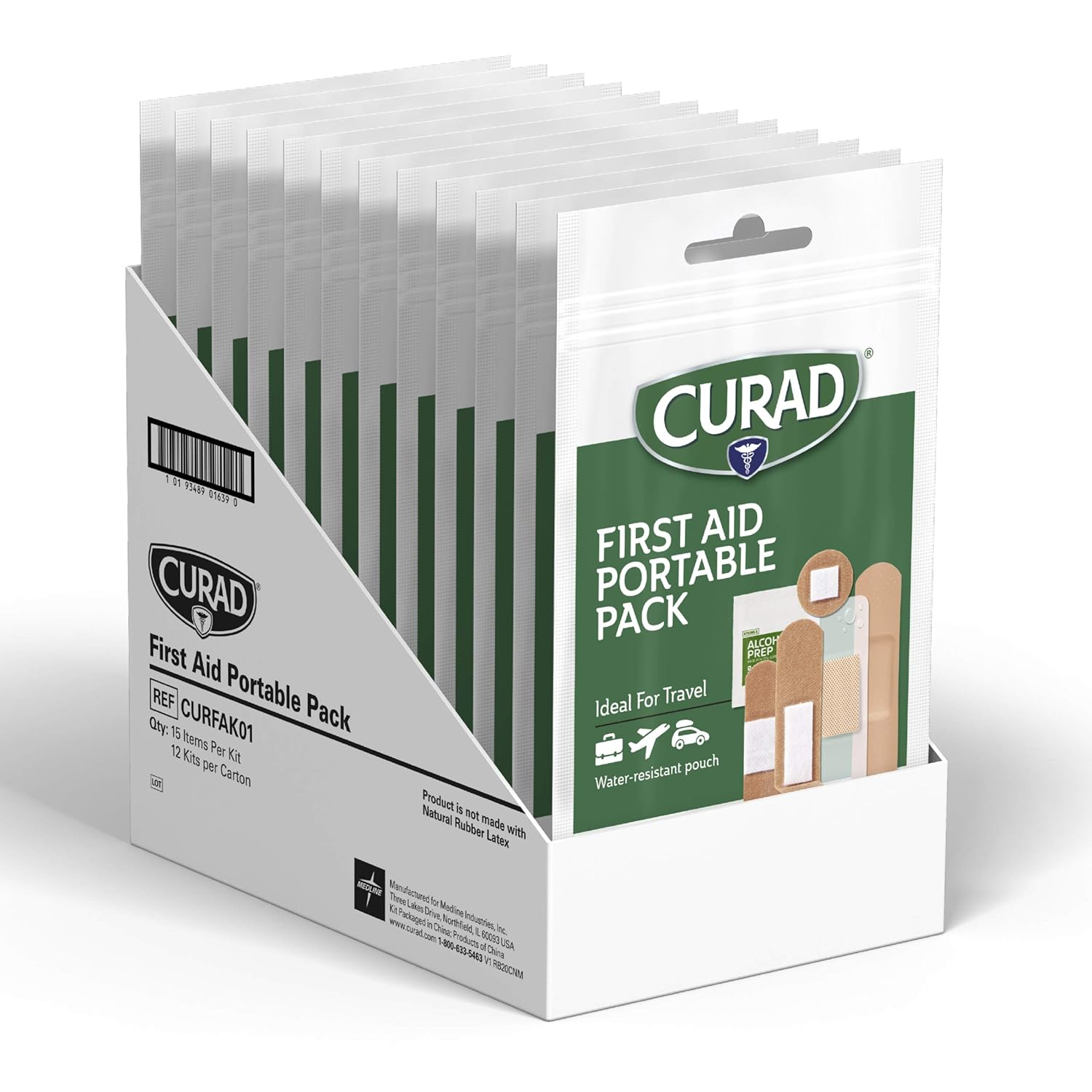 Curad First Aid Portable Pack, Ideal For Travel, Carry-On, Backpacks, Water Resistant Pouch, Variety Size Bandages, Alcohol Swabs, 12 Packs