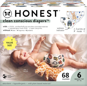 The Honest Company Clean Conscious Diapers | Plant-Based, Sustainable | All The Letters + It'S A Pawty | Super Club Box, Size 6 (35+ Lbs), 68 Count