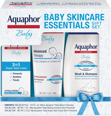 Aquaphor Baby Skincare Essentials Gift Set with Aquaphor Baby Wash and Shampoo, Aquaphor Baby Healing Ointment, and Aquaphor Diaper Rash Cream, 3 Pieces