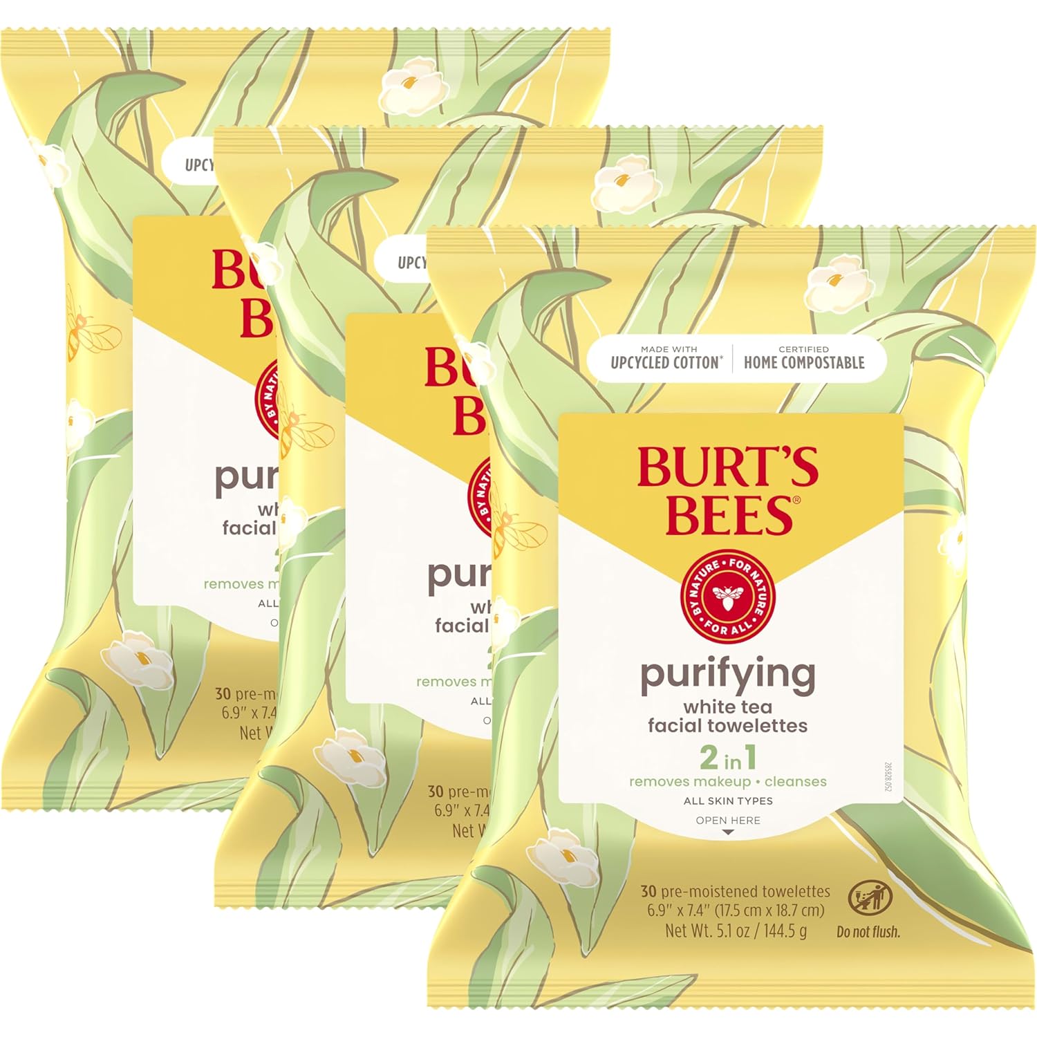 Burt's Bees White Tea Face Wipes, Mothers Day Gifts for Mom for All Skin Types, Hydrating Makeup Remover & Facial Cleansing Towelettes, 30 Ct. (3-Pack)
