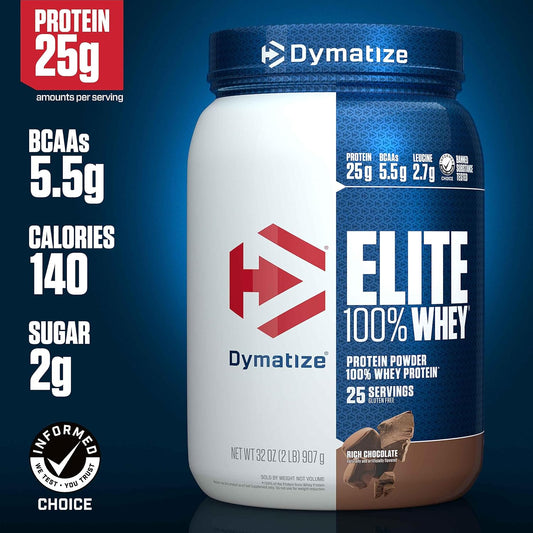 Dymatize Elite 100% Whey Protein Powder, 25G Protein, 5.5G Bcaas & 2.7G L-Leucine, Quick Absorbing & Fast Digesting For Optimal Muscle Recovery, Rich Chocolate, 2 Pound, 25 Servings