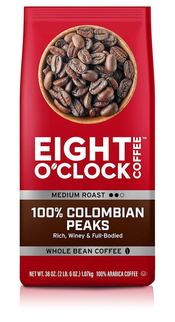 Eight O'Clock Coffee 100% Colombian Peaks, Medium Roast, Whole Bean Coffee, 40 Oz