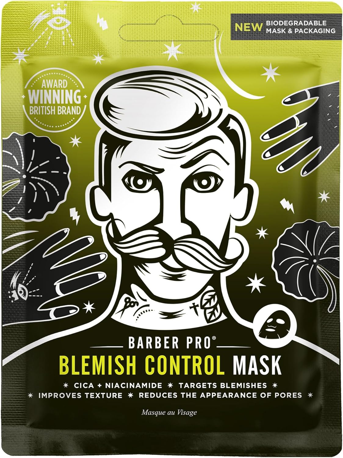 Barber Pro Blemish Control Mens Face Mask Bamboo Sheet Facial Hydration Prevent Breakouts & Improve Skin Texture Cica & Niacinamide Natural Vegan Skincare 100% Biodegradable Multi Award Winning Brand
