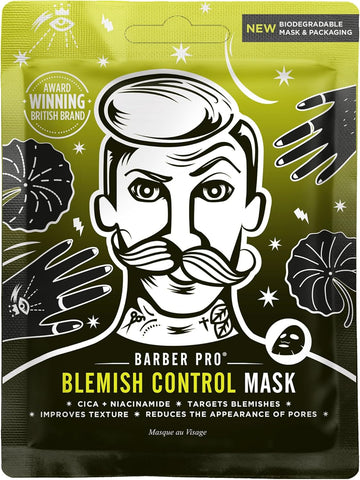 Barber Pro Blemish Control Mens Face Mask Bamboo Sheet Facial Hydration Prevent Breakouts & Improve Skin Texture Cica & Niacinamide Natural Vegan Skincare 100% Biodegradable Multi Award Winning Brand