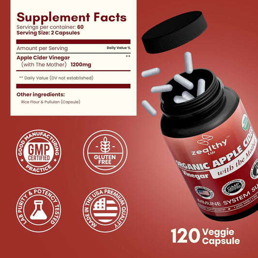 Apple Cider Vinegar With The Mother Supplement, 1200Mg Apple Cider Capsules For Optimum Wellness, Gluten-Free, Non-Gmo, 120 Veggie Capsules - Zealthy Life