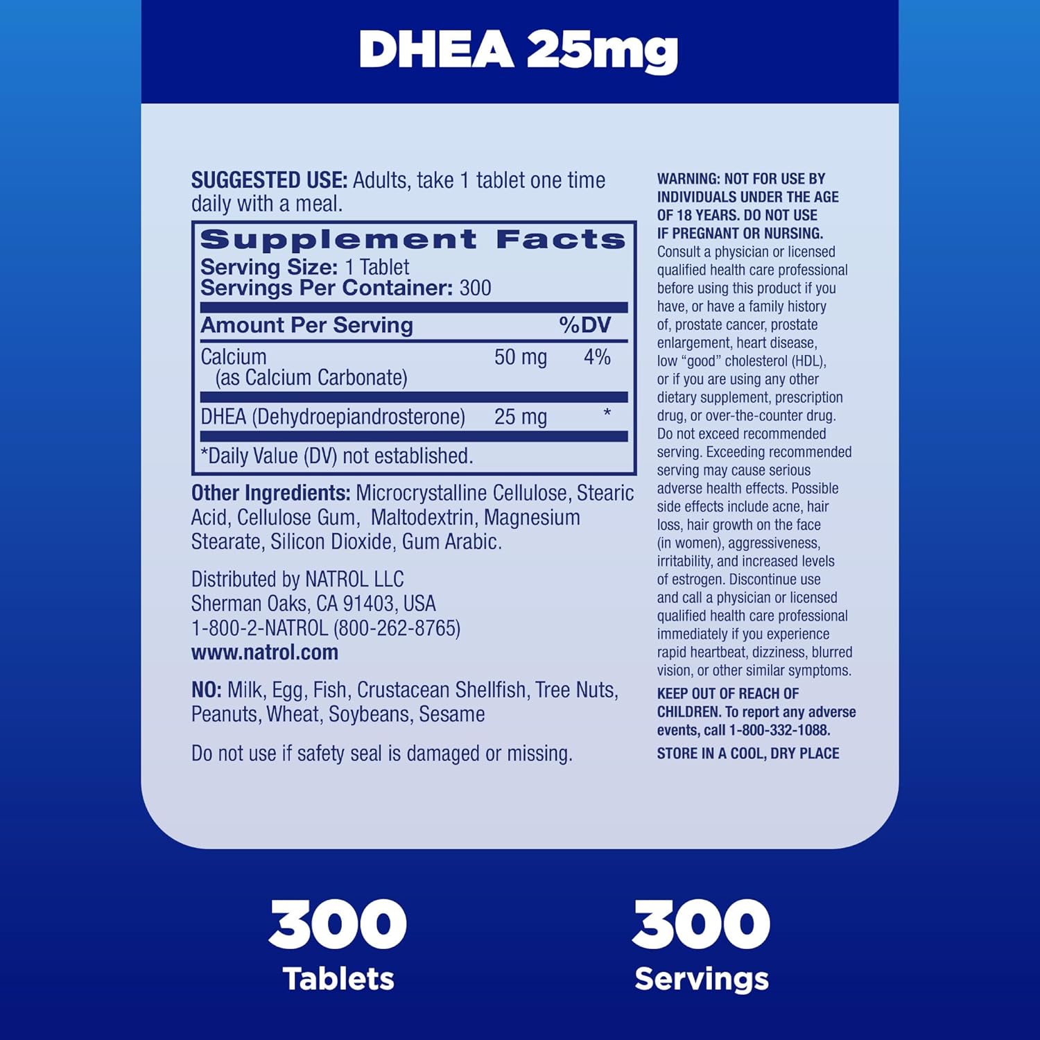 Natrol Mood & Stress DHEA 25mg With Calcium, Dietary Supplement for Balance of Certain Hormone Level and Mood Support, 300 Tablets, 300 Day Supply : Health & Household