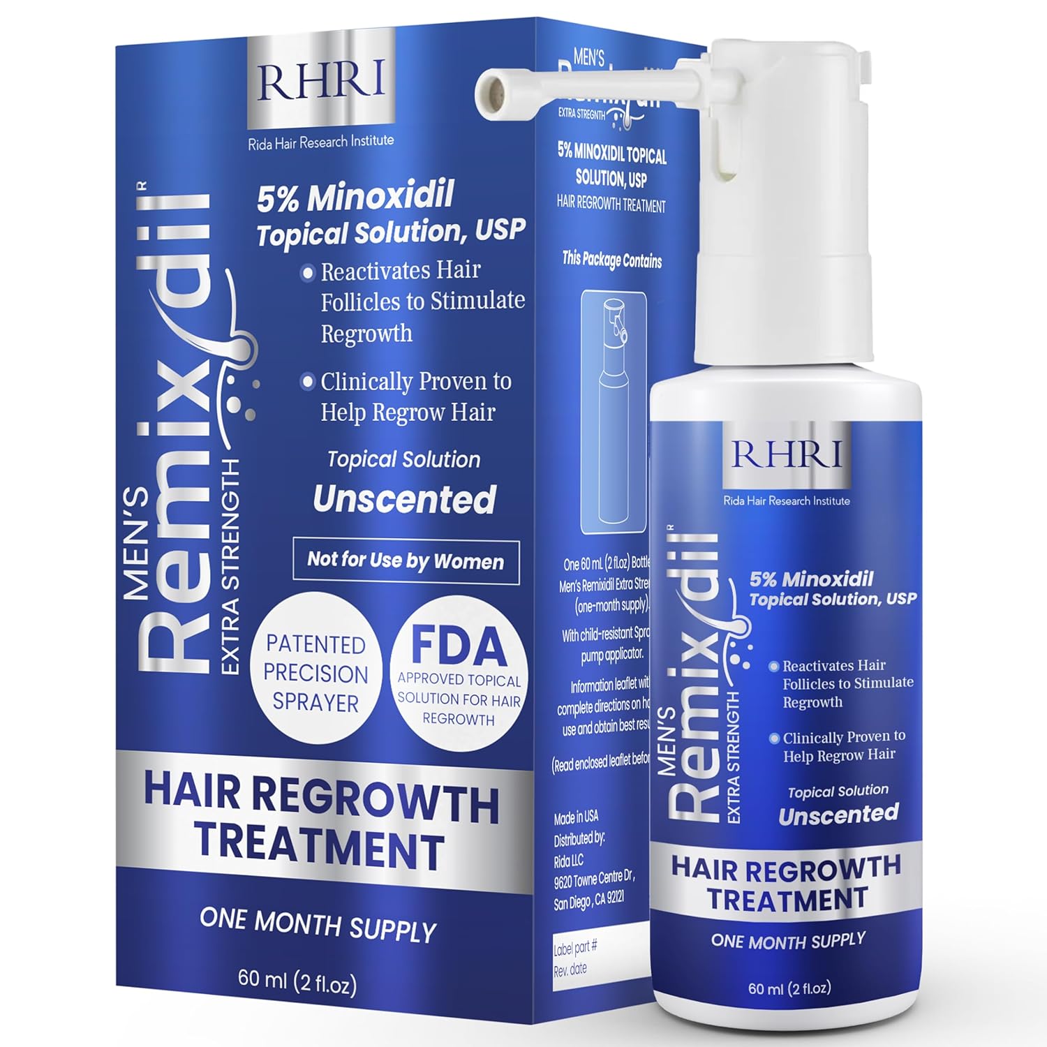 Remixidil 5% Minoxidil Hair Regrowth Treatment | Clinically Proven Formula For Men'S Hair Loss And Growth | Unscented Topical Spray For Thinning Hair | 1-2 Month Supply