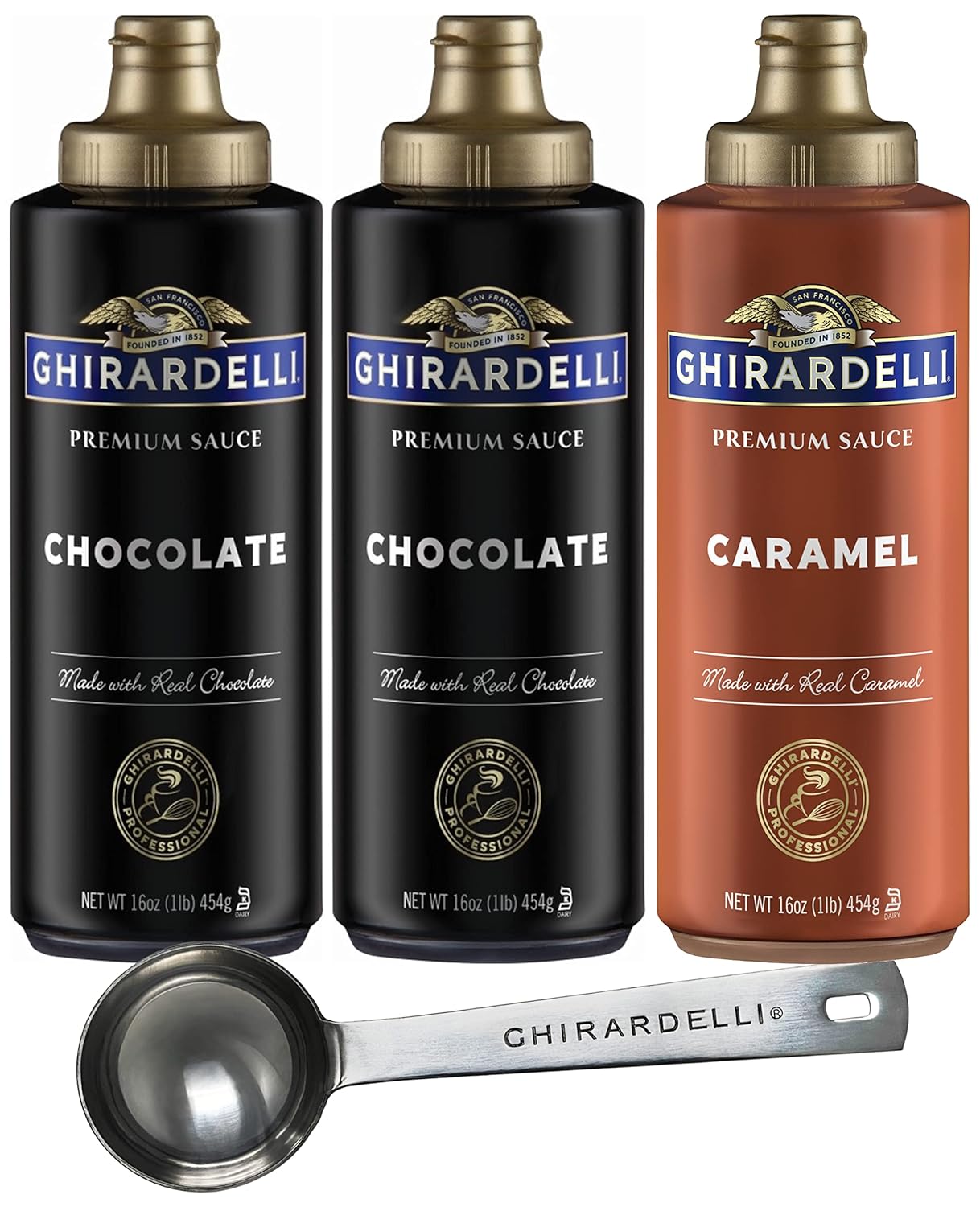 Ghirardelli Sauce Squeeze Bottles, 2-16 oz Chocolate, 1-16 oz Caramel (Pack of 3) with Ghirardelli Stamped Barista Spoon