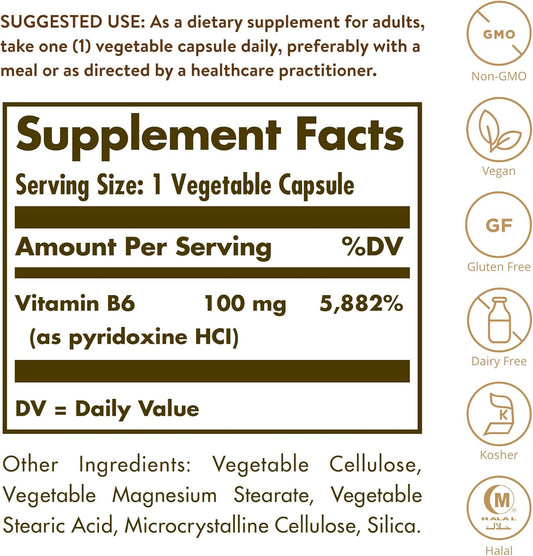 Solgar Vitamin B6 100 Mg, 250 Vegetable Capsules - Supports Energy Metabolism, Heart Health & Healthy Nervous System - Non-Gmo, Vegan, Gluten Free, Dairy Free, Kosher, Halal - 250 Servings