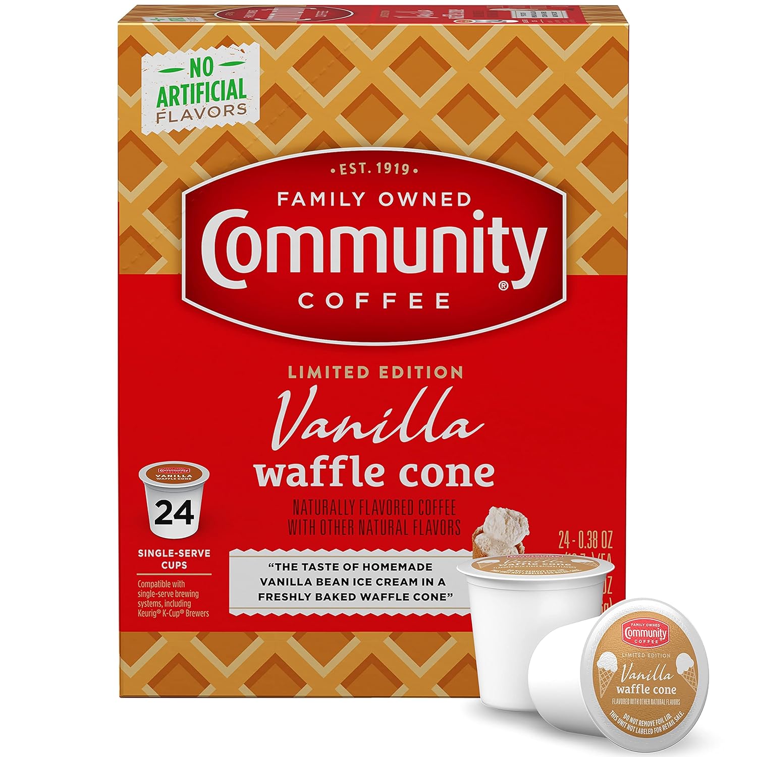 Community Coffee Vanilla Waffle Cone, Ice Cream Flavored 24 Count Coffee Pods, Compatible with Keurig 2.0 K-Cup Brewers, 24 Count (Pack of 1)