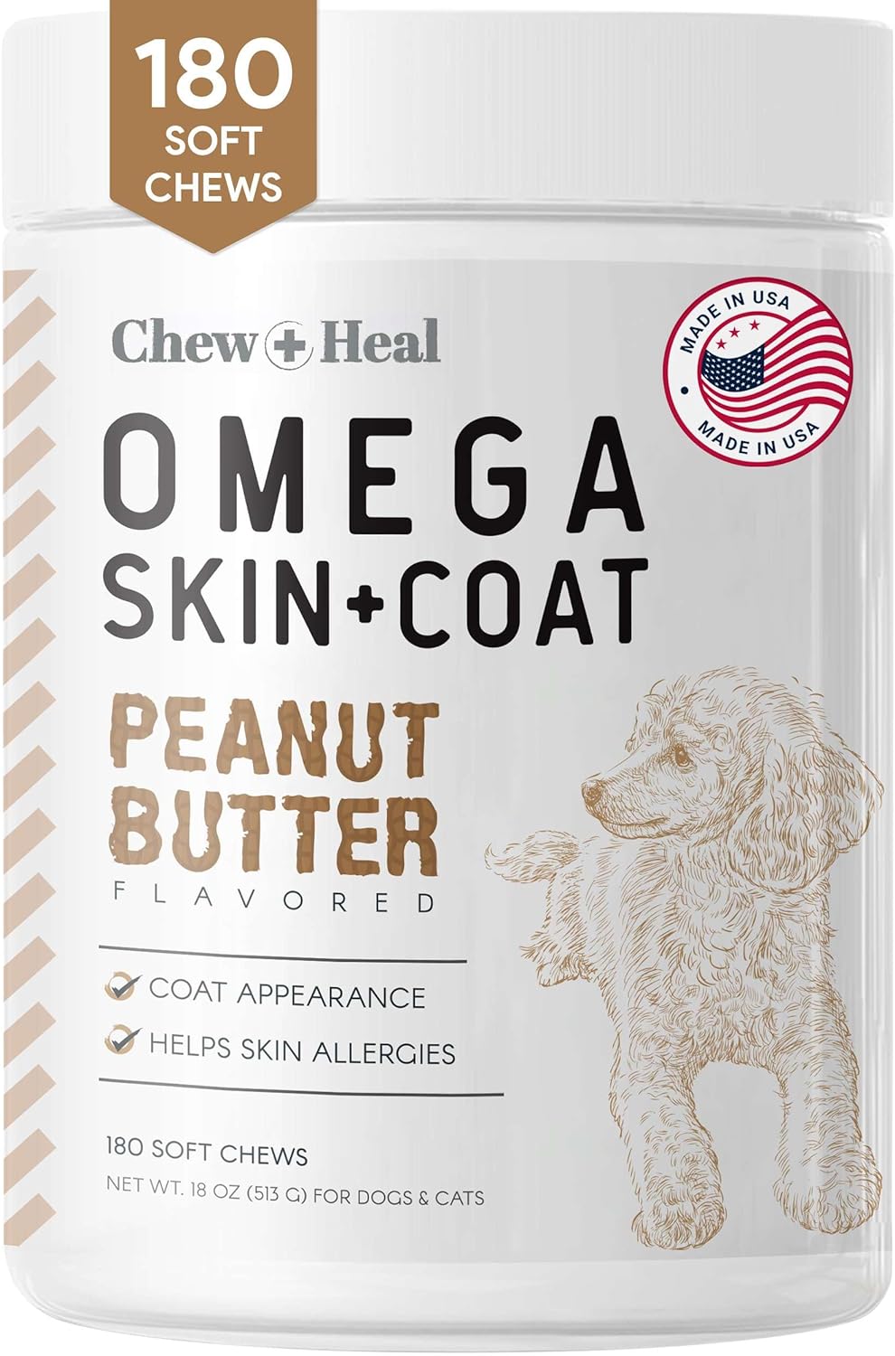 Omega for Dogs - 180 Delicious Soft Chews - Salmon Oil Treats for Skin and Coat, Itch Relief - Fish Oil Blend of Essential Fatty Acids, Omega 3, 6, and 9, and Vitamins - Peanut Butter Flavor