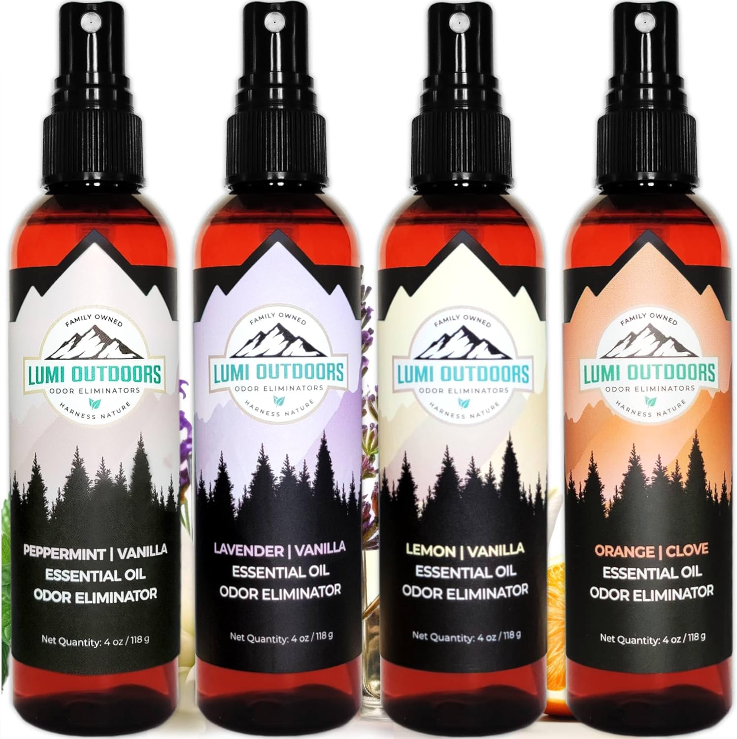 Lumi Outdoors Natural Air Freshener Spray - 4 Pack Bundle - Peppermint Vanilla, Lavender Vanilla, Lemon Vanilla, Orange Clove Room Sprays