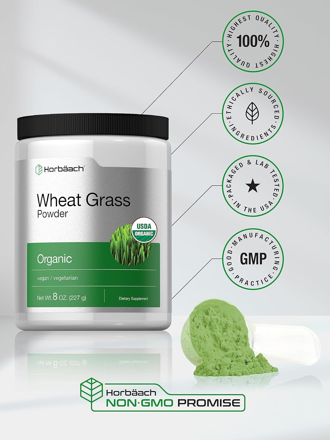 Horbäach Organic Wheatgrass Powder | 8oz | Vegan, Raw, Non GMO & Gluten Free Wheat Grass Superfood : Health & Household