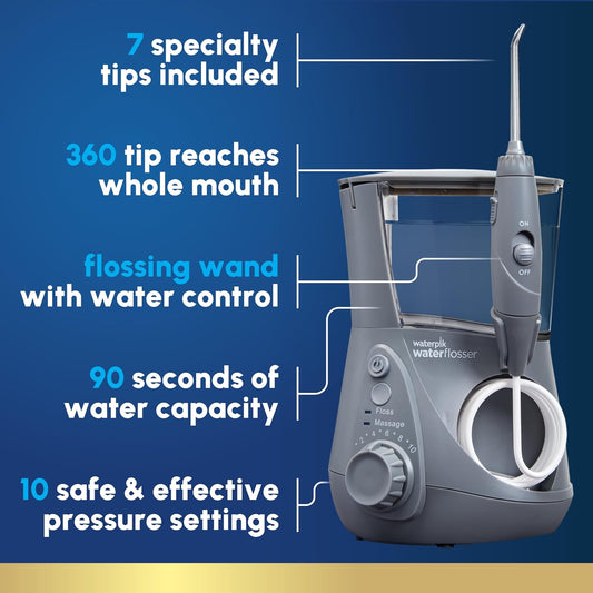 Waterpik Aquarius Water Flosser Professional For Teeth, Gums, Braces, Dental Care, Electric Power With 10 Settings, 7 Tips For Multiple Users And Needs, Ada Accepted, Gray Wp-667, Packaging May Vary