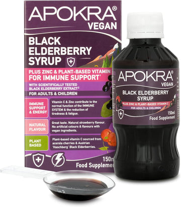Elderberry Syrup, Acerola Cherry Vitamin C And Zinc For Adults & Kids | Immune System Booster | Natural Strawberry Flavour | Vegan | Plant Based Vit C | Apokra