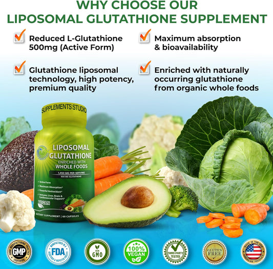 Liposomal Glutathione 500mg Made with Organic Whole Foods - Glutathione Liposomal Supplement for Maximum Absorption - Master Antioxidant & Detoxifier - Immune & Cardiovascular Support - 60 Count