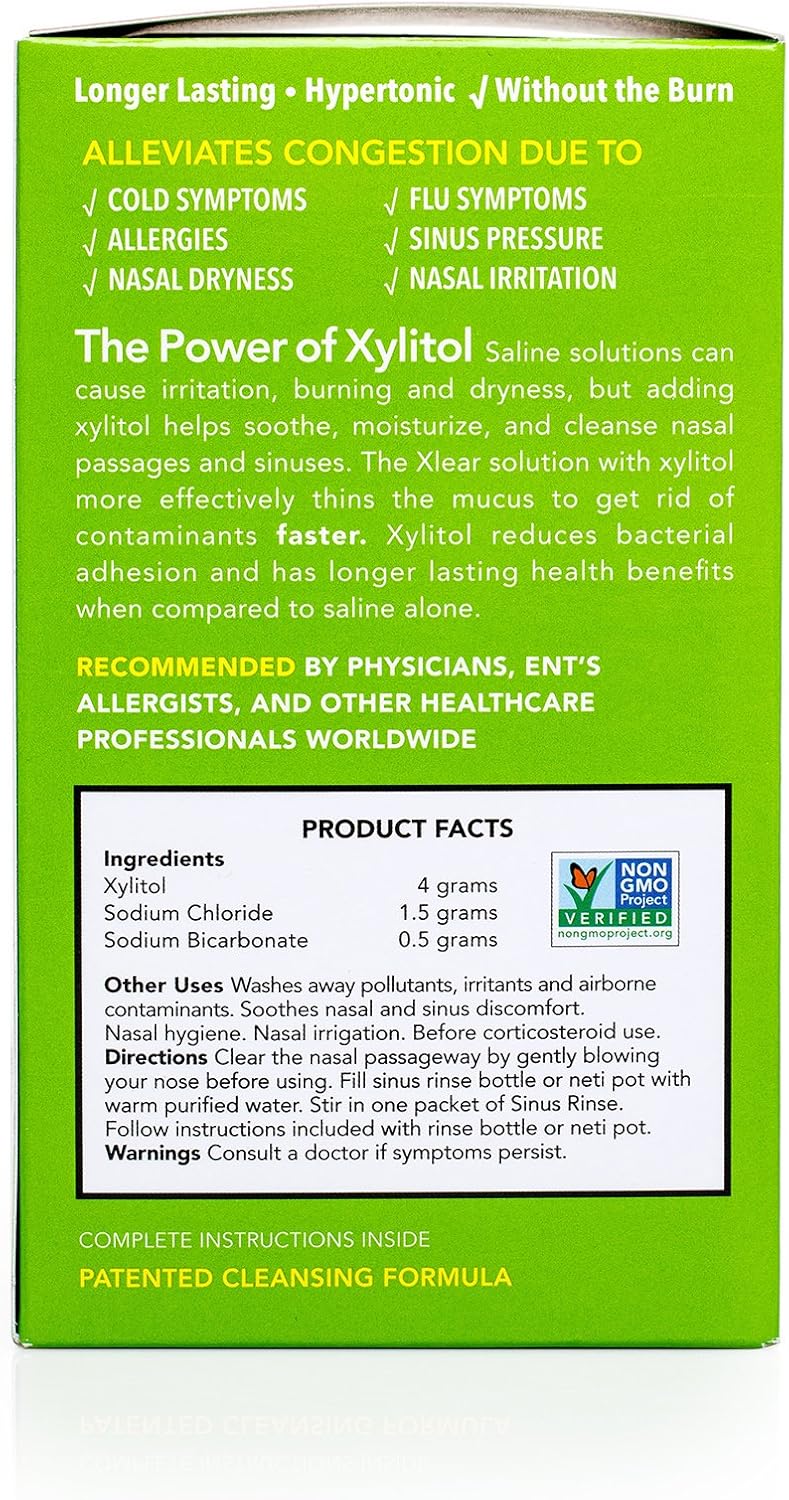 Xlear Natural Xylitol Sinus Rinse Refill, Neti Pot Saline Packets - Nose Cleaner For Fast Pressure And Congestion Relief, Works With Most Nasal Irrigation Systems, 50 Count And 1 Rinse Bottle