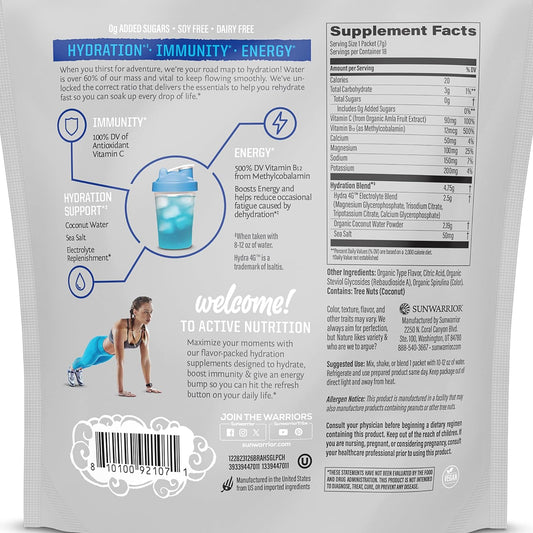 Sunwarrior Hydration Powder Electrolyte Packets Powder | Blue Raspberry Flavored | 18 Stick Packs 126G Pouch | Vegan And Plant-Based Sugar Free | B12 Elderberry And Electrolytes | Active Hydration