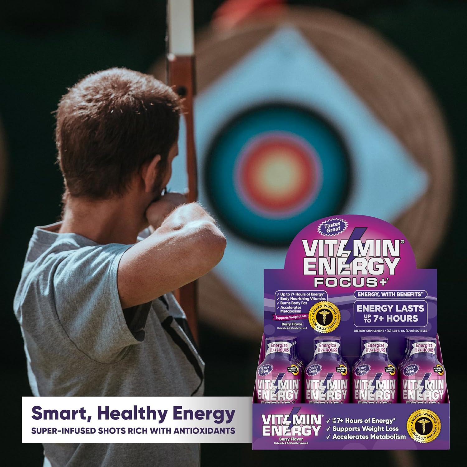 Vitamin Energy Focus+ Energy Drink Shot, Up to 7+ Hours of Energy, Berry, 1.93oz, 12 Count : Health & Household