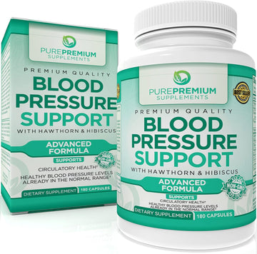 Purepremium Blood Pressure Support With Hawthorn Berry, Hibiscus - Nitric Oxide With Vitamin B6 - Garlic Supplements For Normal Nitric Oxide Supplement - 180 Caps