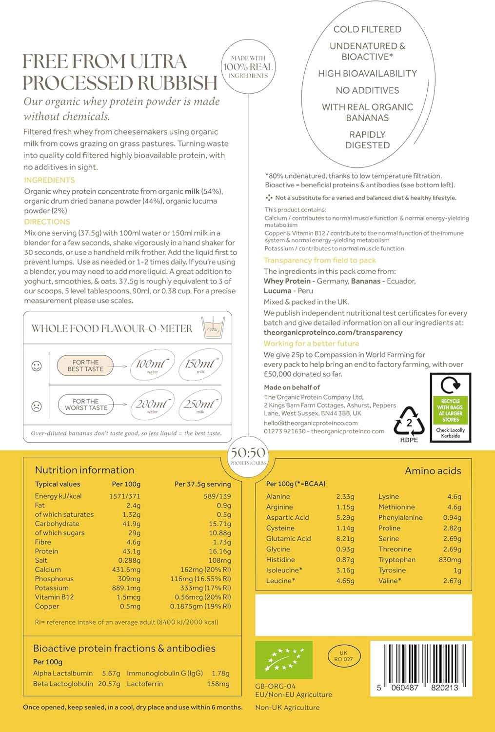 The Organic Protein Co. – Banana & Lucuma Organic Whey Protein Powder | Additive Free, Undenatured, Bioactive, UPF Free, Emulsifier Free, Primarily Grass Fed, Vegetarian, Gluten Free – 600g : Amazon.co.uk: Health & Personal Care