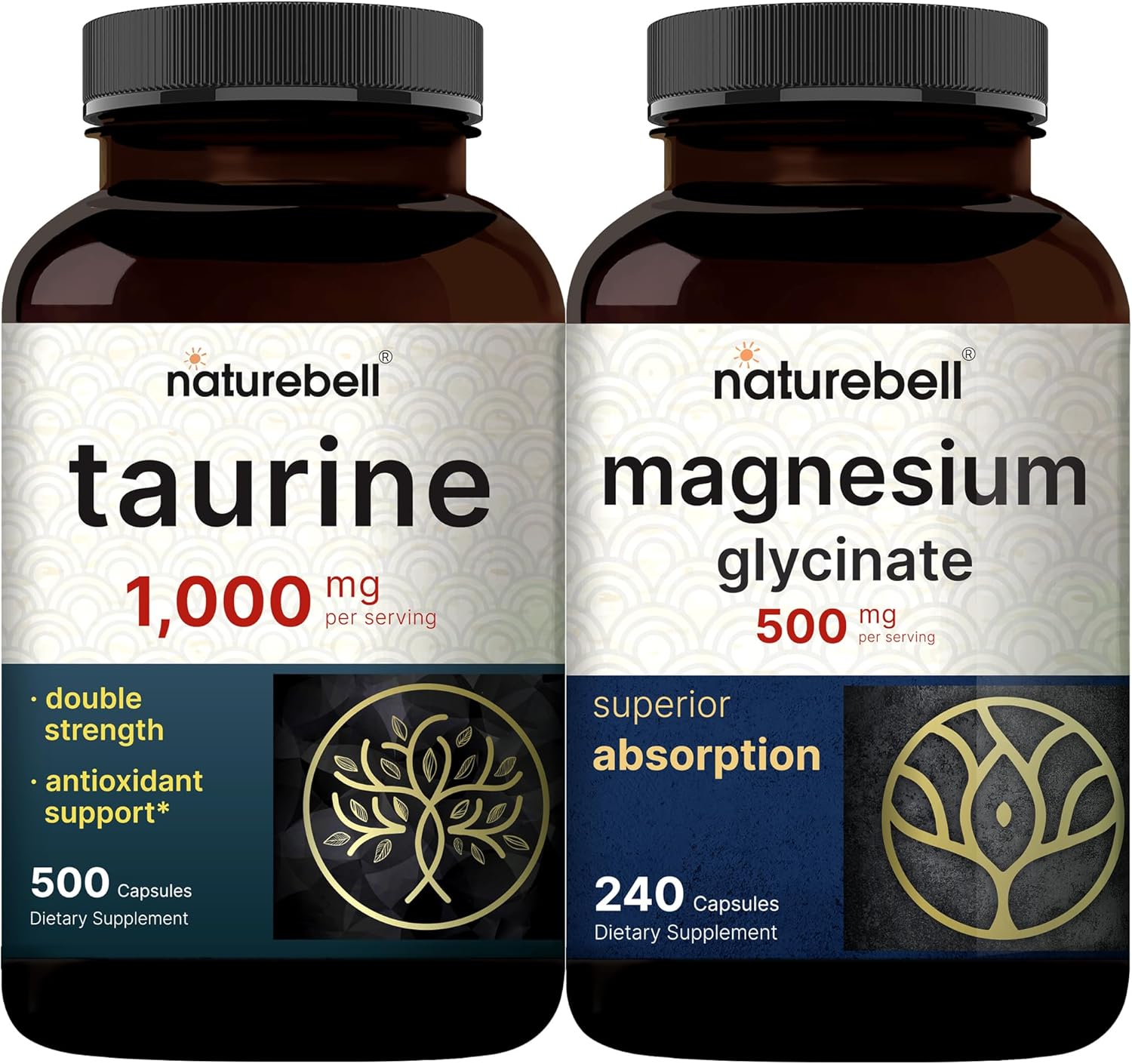 Naturebell Magnesium Glycinate Capsules 500Mg & Taurine Capsules 1,000Mg Per Serving Bundle Pack | Chelated & Purified Mineral | Essential Amino Acids Supplement