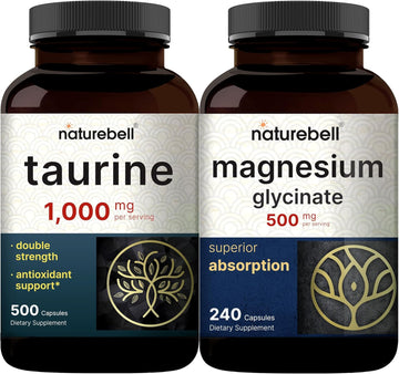 Naturebell Magnesium Glycinate Capsules 500Mg & Taurine Capsules 1,000Mg Per Serving Bundle Pack | Chelated & Purified Mineral | Essential Amino Acids Supplement