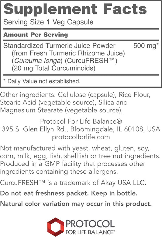 Protocol CurcuFRESH - Turmeric Curcumin 500mg - Standardized Turmeric Root Juice - 60 Veg Caps
