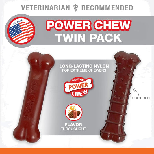 Nylabone Power Chew Classic Bone Chew Toy For Dogs, Durable Dog Toys For Aggressive Chewers, Basted Blast Bacon And Steak Flavor, X-Small/Petite (2 Count)