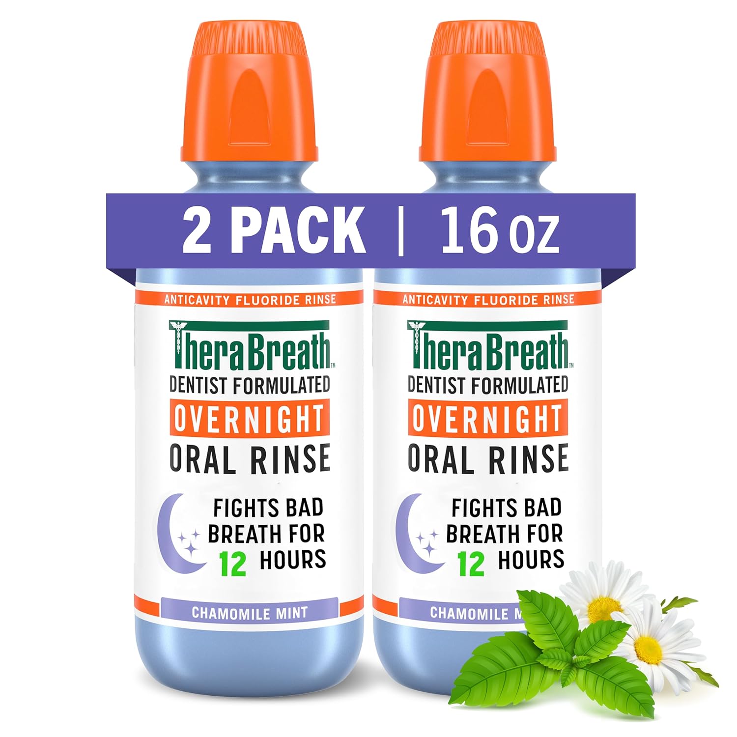 TheraBreath Overnight Mouthwash, Fights Bad Breath for 12 Hours, Chamomile Mint Flavor, Dentist Formulated, Fluoride Rinse, Alcohol Free, 16 fl oz (Pack of 2)