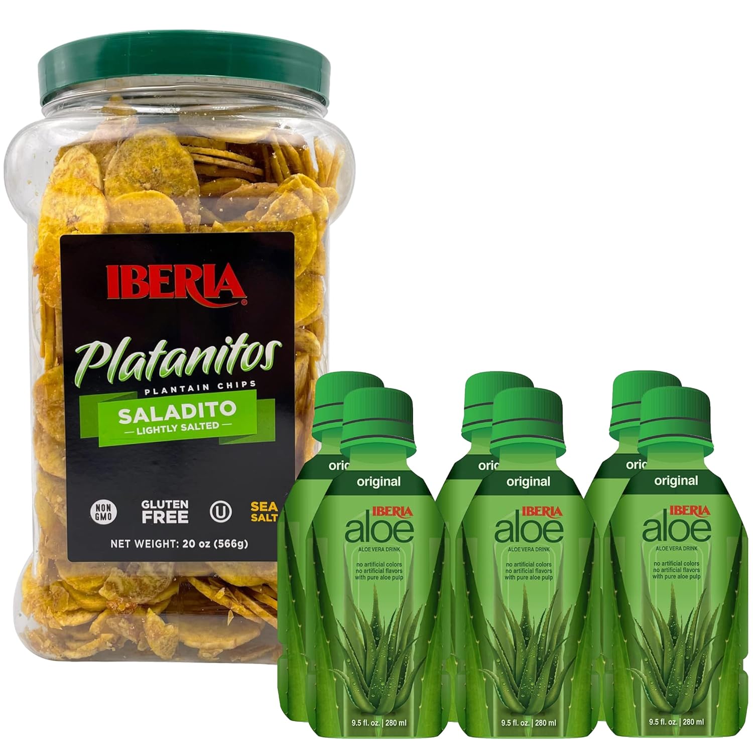 Iberia Lightly Salted Plantain Chips, 20 Oz. + Iberia Aloe Vera Juice Drink, Original, 9.5 Fl Oz (Pack Of 6)