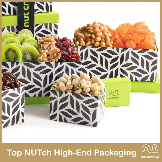 Nut Cravings Gourmet Collection - Dried Fruit & Mixed Nuts Gift Basket Leaf Tower + Ribbon (12 Assortments) Teacher Appreciation Arrangement Platter Bday Care Package Healthy Kosher