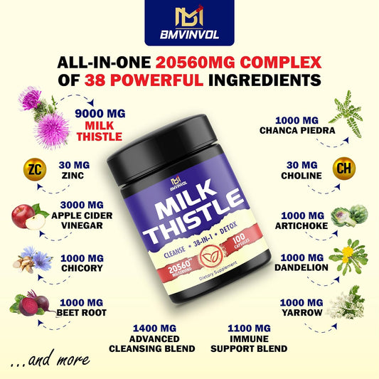 BMVINVOL 100 Capsules - Milk Thistle 30:1 Extract Capsules - 20560mg Strength with Apple Cider Vinegar & More - 38in1 Milk Thistle Supplement Supports Healthy Liver Function