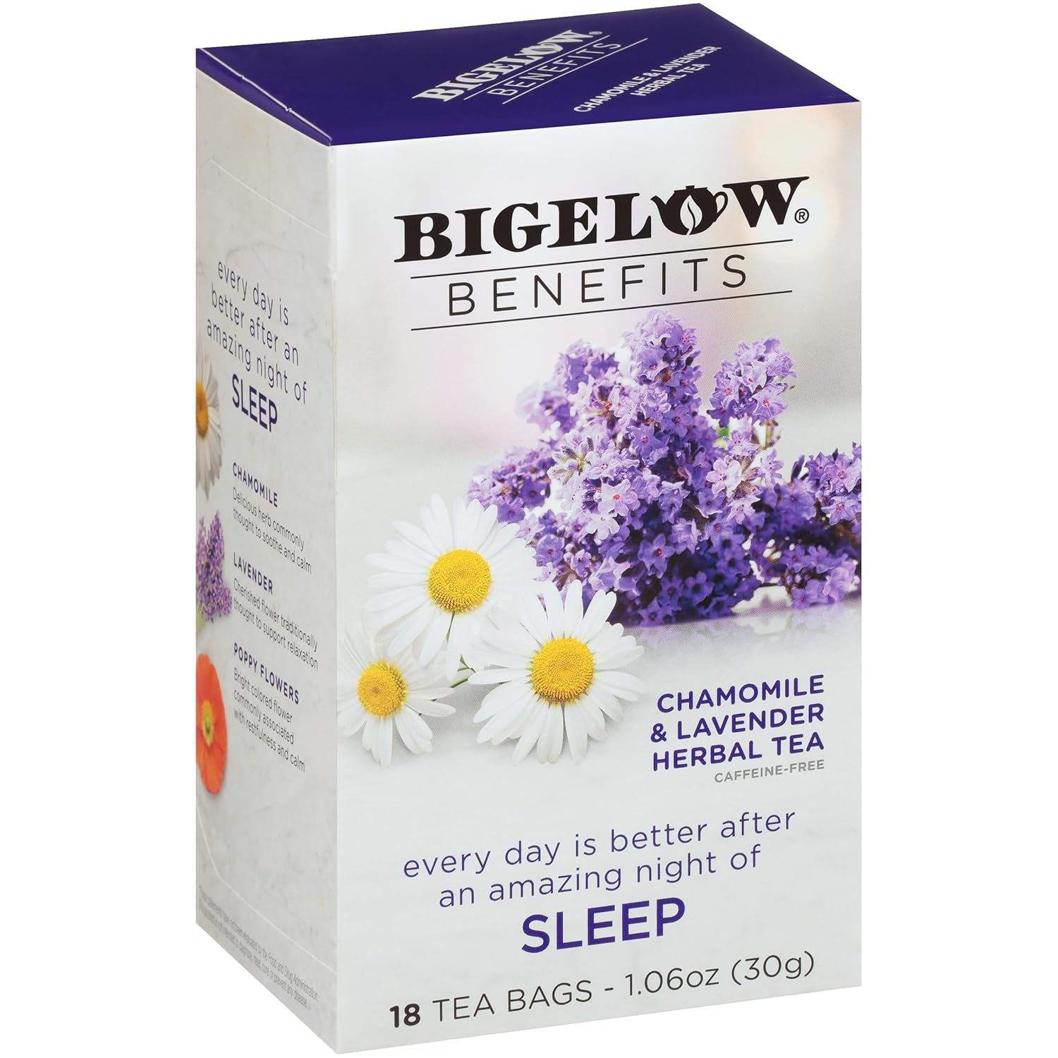 Bigelow Benefits Sleep Chamomile Lavender Herbal Tea, Caffeine Free, 18 Count (Pack Of 6), 108 Total Tea Bags