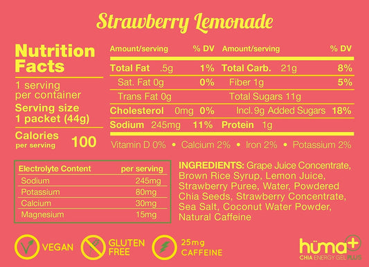 Huma Plus (Double Electrolytes) - Chia Energy Gel, Strawberry Lemonade, 12 Gels, 1x Caffeine - Stomach Friendly, Real Food Energy Gels