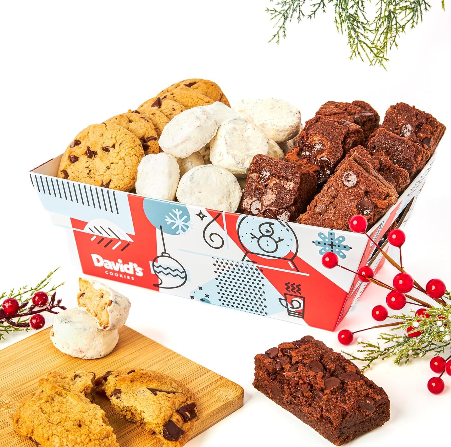 David’S Cookies Holiday Cookie Gift Basket In Winterwonderland Crate - Deliciously Flavored Cookies - Gourmet Chocolate Chunk Cookies, Butter Pecan Meltaways, And Chocolate Chip Brownies