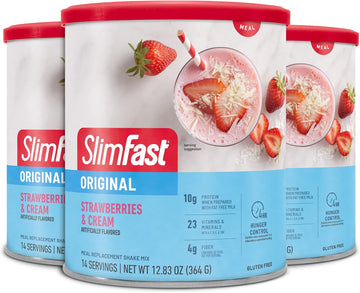 Slimfast Meal Replacement Powder, Original Strawberries & Cream, Shake Mix, 10G Of Protein, 14 Servings (Pack Of 3) (Packaging May Vary)