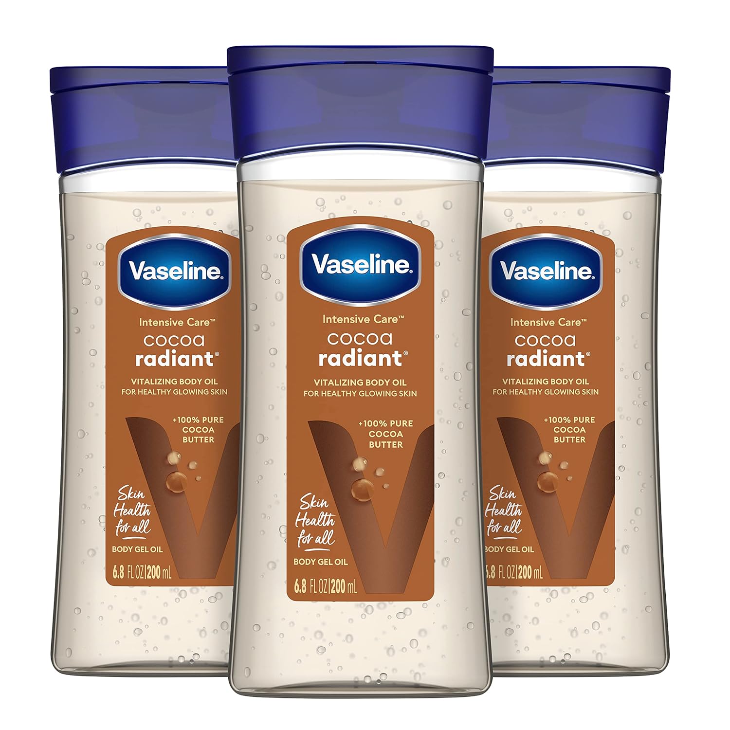 Vaseline Intensive Care Cocoa Radiant For Glowing Skin 3 Count Body Gel Oil Body Oil Made With 100% Pure Cocoa Butter + Replenishing Oils 6.8Oz