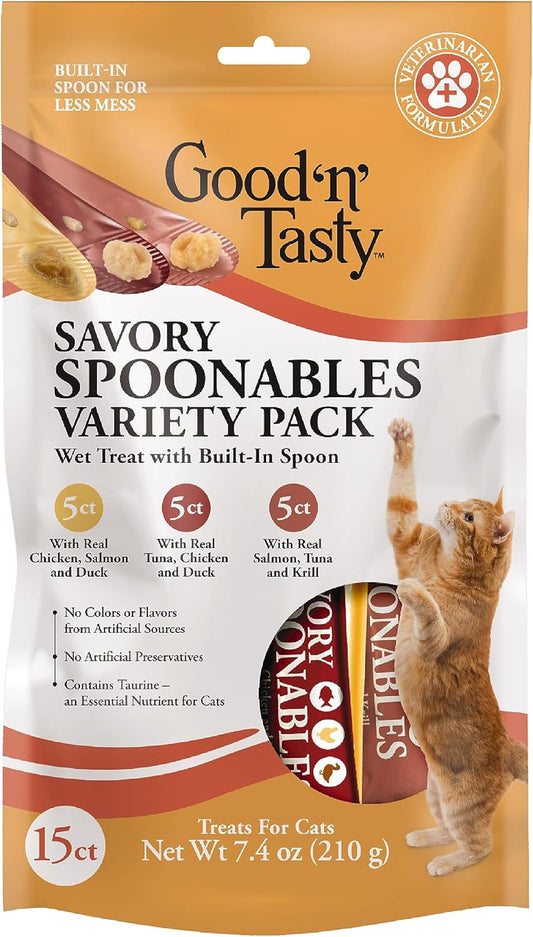 Good 'N' Tasty Savory Spoonables Variety Pack For Cats, 15 Count, Treat Your Cat To Triple Flavor Squeezable Lickable Wet Treats With Built-In Spoon For Less Mess