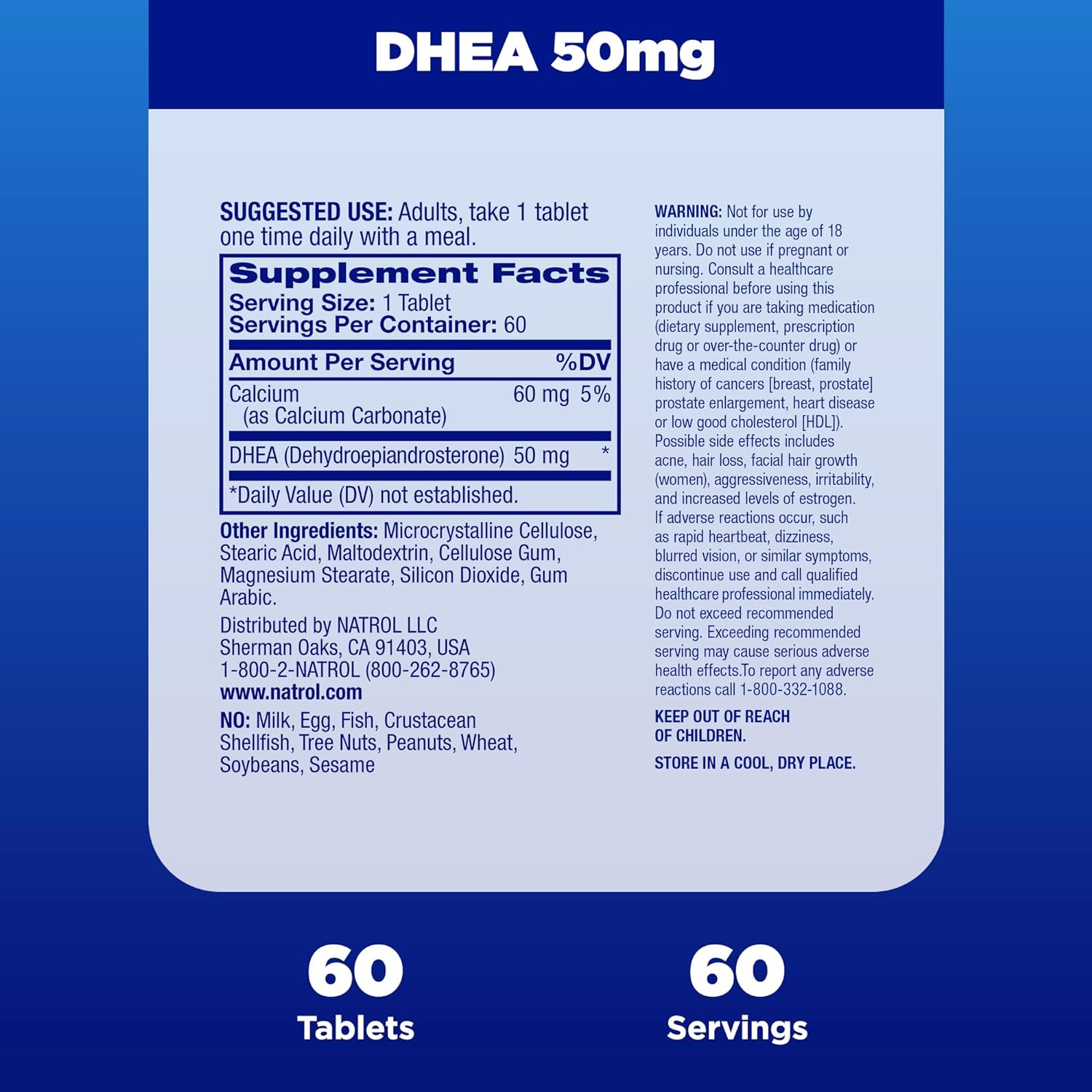 Natrol DHEA Tablets Promotes Balanced Hormone Levels Supports a Healthy Mood Supports Overall Health Helps Promote Healthy Aging HPLC Verified 50mg, 60 Count : Health & Household