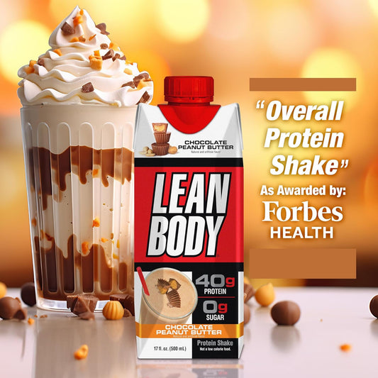 Lean Body Ready-To-Drink Protein Shake, 40G Protein, Whey Blend, 0 Sugar, Gluten Free, 22 Vitamins & Minerals, (Recyclable Carton & Lid - Pack Of 12) Labrada (Chocolate Peanut Butter)