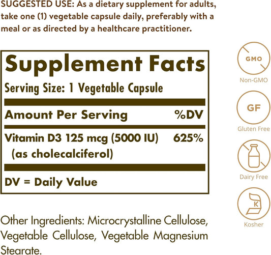 Solgar Vitamin D3 (Cholecalciferol) 125 Mcg (5000 Iu), 240 Vegetable Capsules - Helps Maintain Healthy Bones & Teeth - Immune System Support - Non-Gmo, Gluten Free, Dairy Free, Kosher - 240 Servings