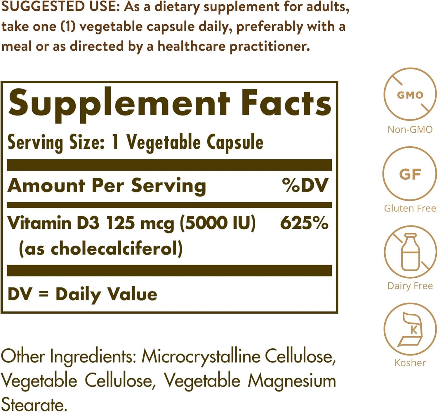 Solgar Vitamin D3 (Cholecalciferol) 125 Mcg (5000 Iu), 120 Vegetable Capsules - Helps Maintain Healthy Bones & Teeth - Immune System Support - Non-Gmo, Gluten Free, Dairy Free, Kosher - 120 Servings