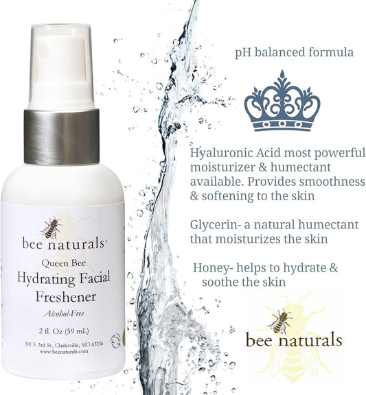 Queen Bee Hydrating Facial Freshener- 4oz- Hyaluronic Acid, Honey and Glycerin- Smooth, Soften, Soothe and Hyrate Skin- Alcohol Free- All Skin Types- Cruelty Free- Bee Naturals