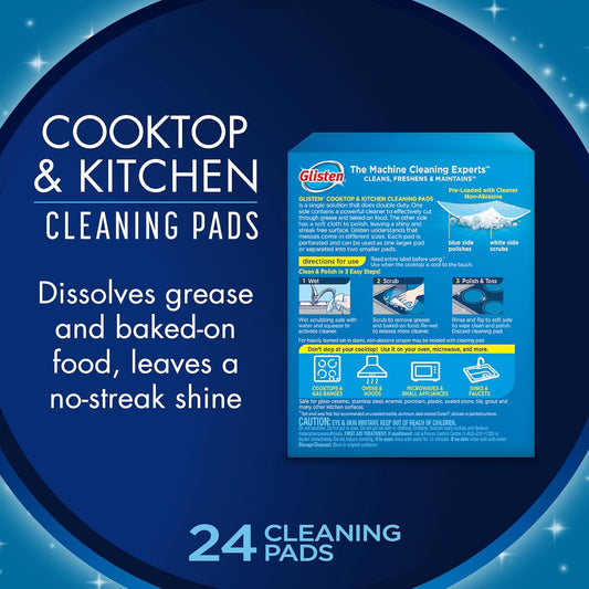 Glisten Cooktop And Kitchen Cleaning Pads, Dissolves Grease And Baked On Foods, Lemon Scent, 24 Large Pads Or 48 Small Pads