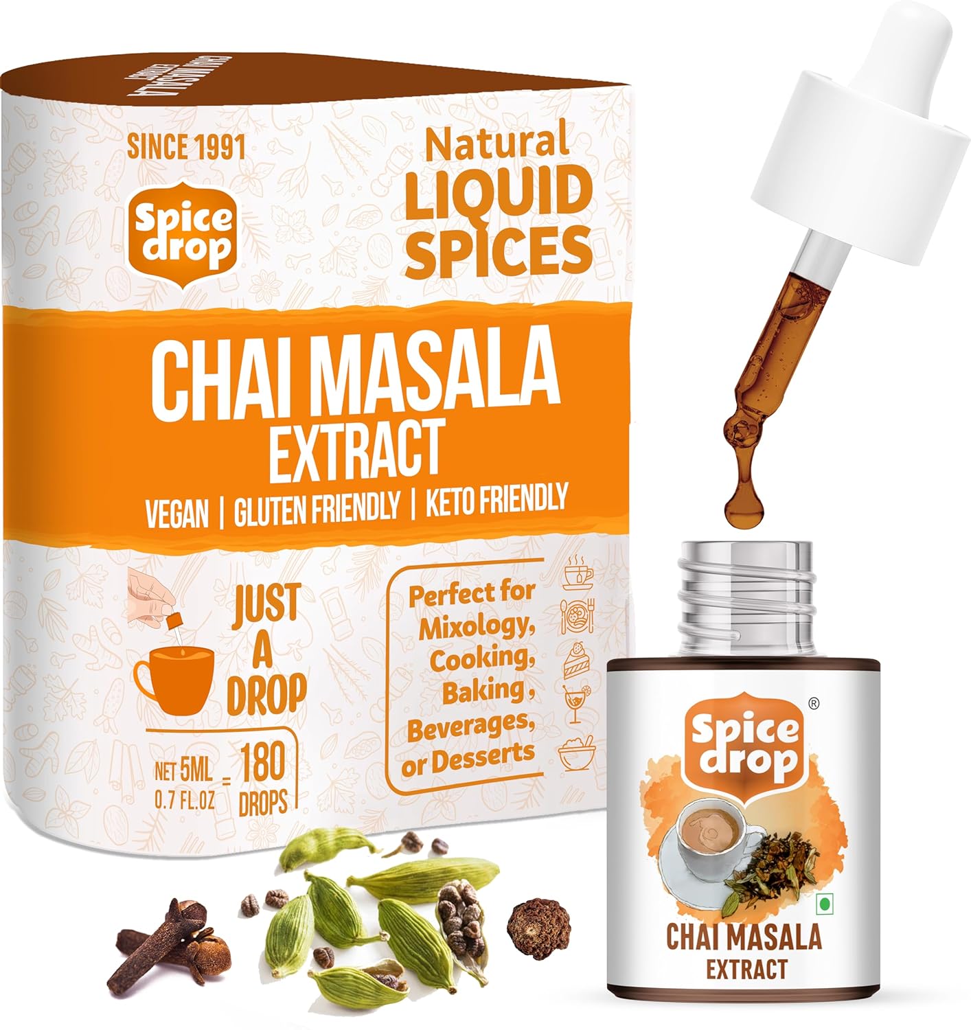 Spice Drop Chai Masala Extract - Tea, Coffee, Latte - Premium Quality & Rich Aroma, Authentic Indian Spices Blend Extract With No Added Color Or Preservative, Unsweetened, Non Gmo, Vegan, Gluten Free - 0.17 Oz - Upto 180 Cups (Pack Of 1)
