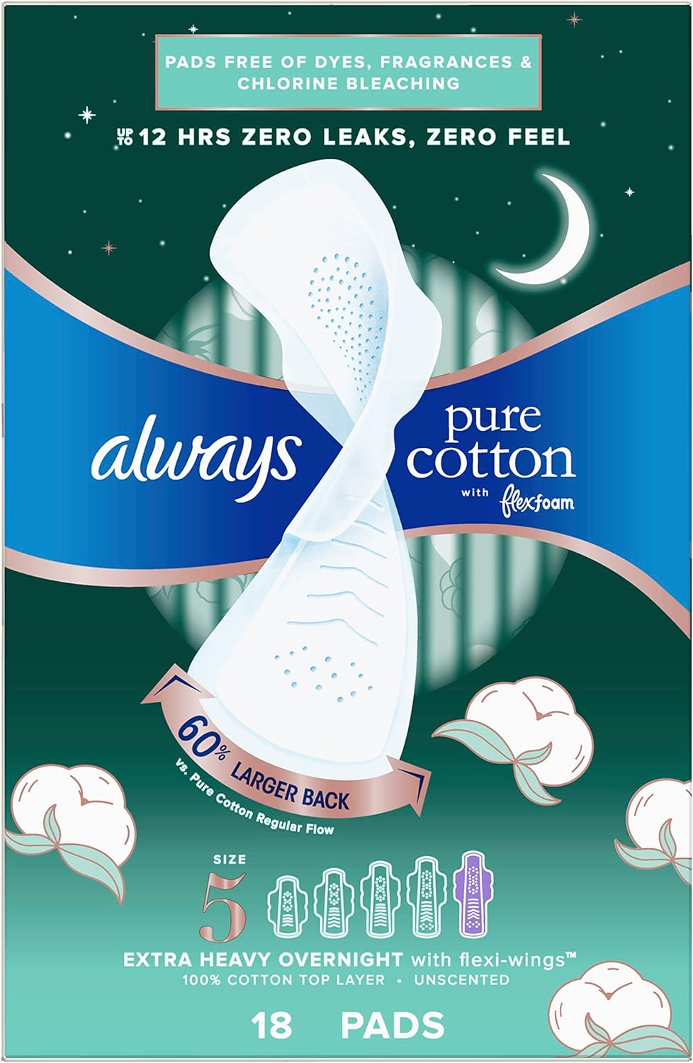 Always, Pure Cotton with FlexFoam Pads for Women Size 5, 18 Count