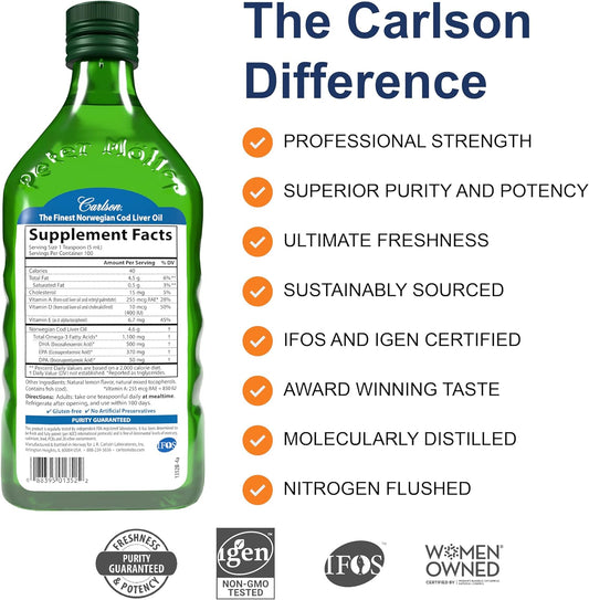 Carlson - Cod Liver Oil, 1100 Mg Omega-3S, Wild-Caught Norwegian Arctic Cod-Liver Oil, Sustainably Sourced Nordic Fish Oil Liquid, Unflavored, 500 Ml (16.9 Fl Oz)
