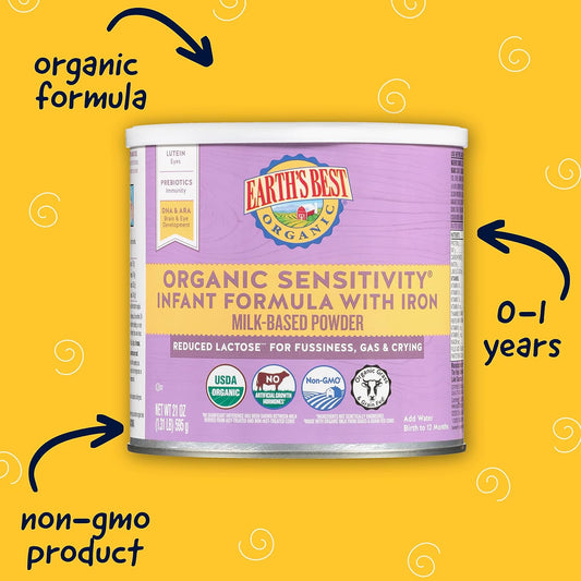 Earth'S Best Organic Sensitive Baby Formula For Babies 0-12 Months, Reduced Lactose Powdered Infant Formula With Iron, Omega-3 Dha, And Omega-6 Ara, 21 Oz Formula Container